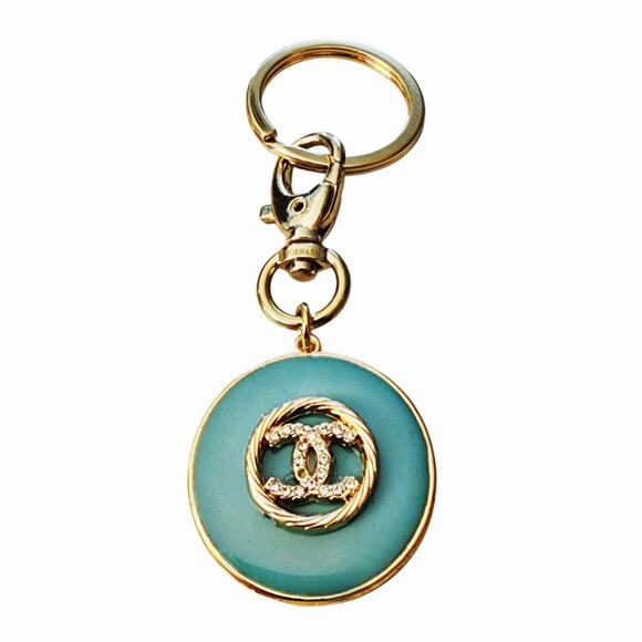 Turquoise Gold Keychain Bag Charm Adorned With Designer Button - Picture 1 of 2